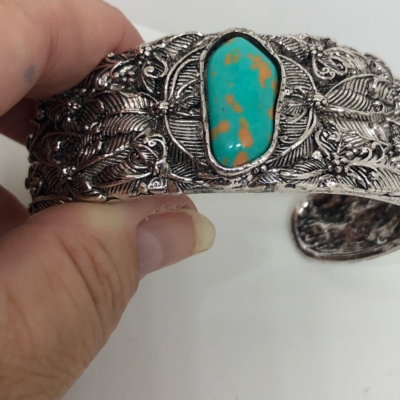 Tibetan Silver Wide Cuff Bracelet with Turquoise - Picture 11 of 11